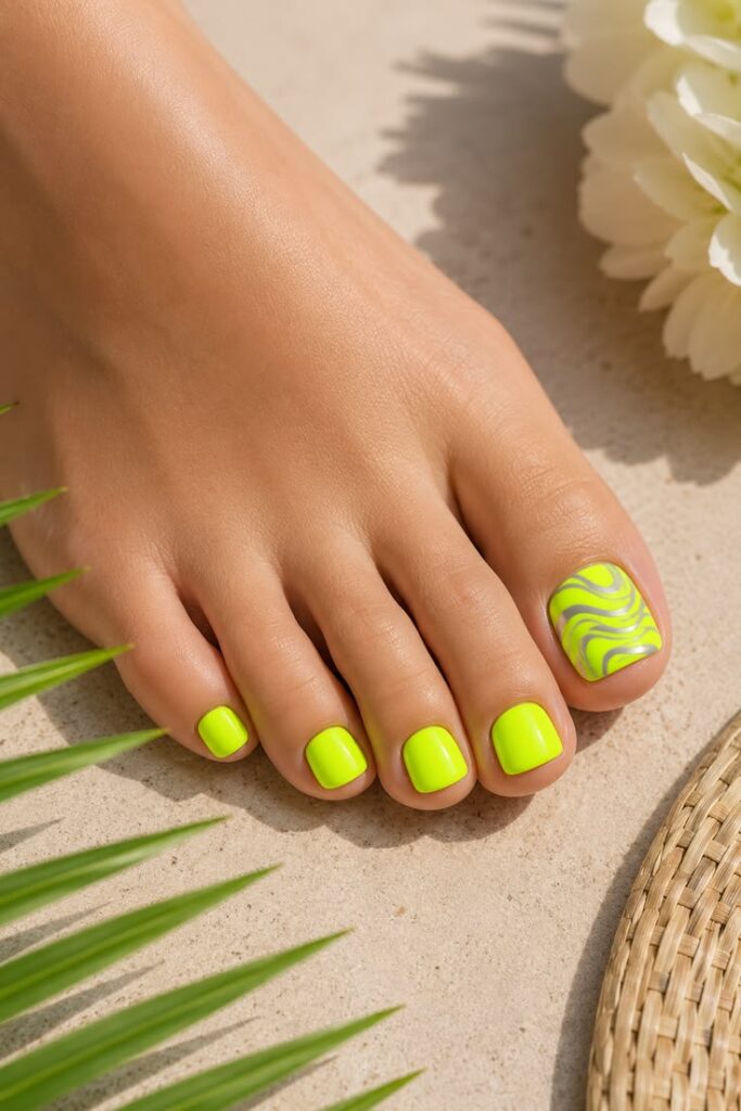 Neon Yellow Swirl Pedicure With Chrome Silver Energy