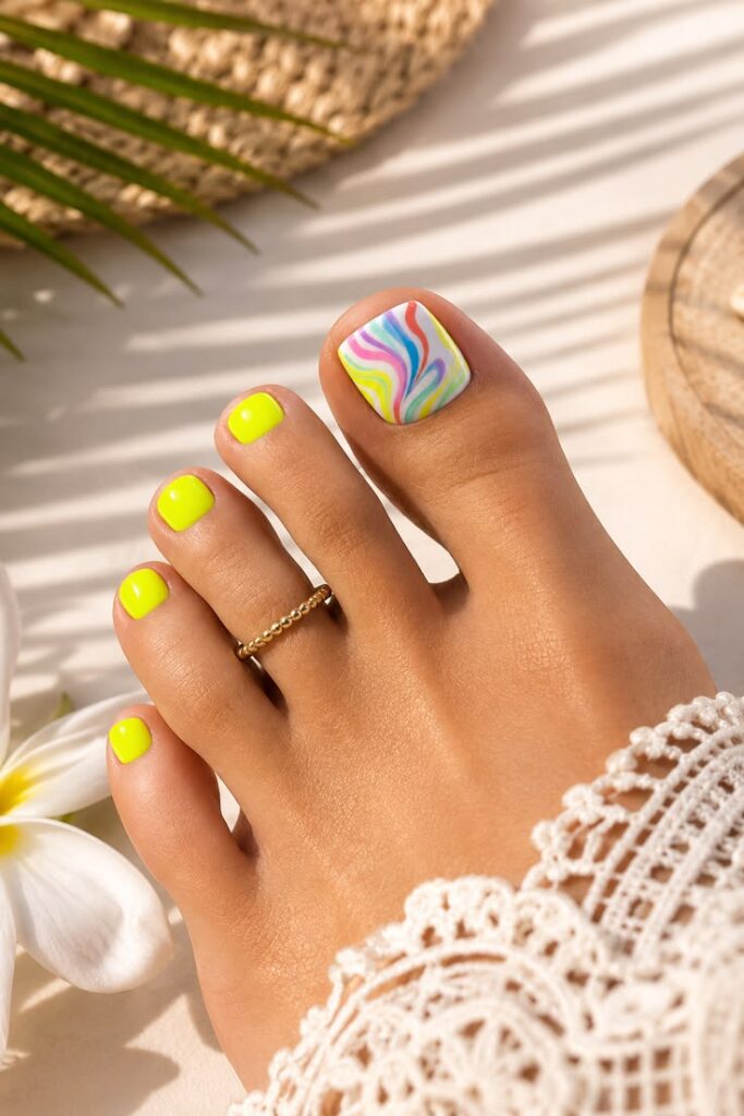 Rainbow Swirl Pedicure With Neon Lime for Maximum Fun