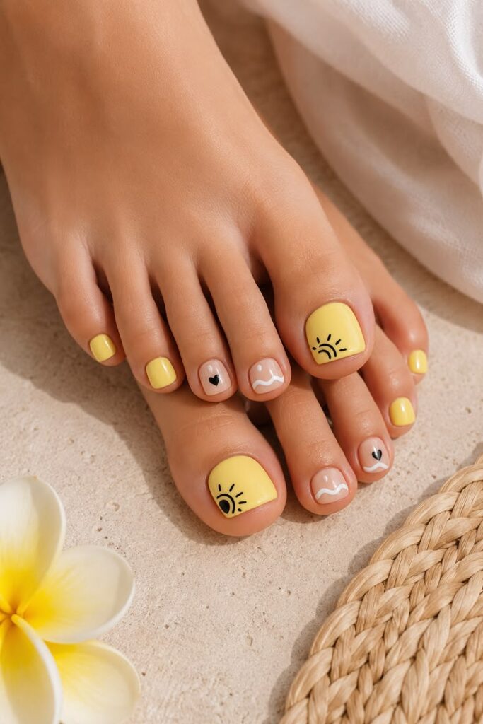 Sunny Yellow Pedicure With Heart and Sunshine Doodle Art