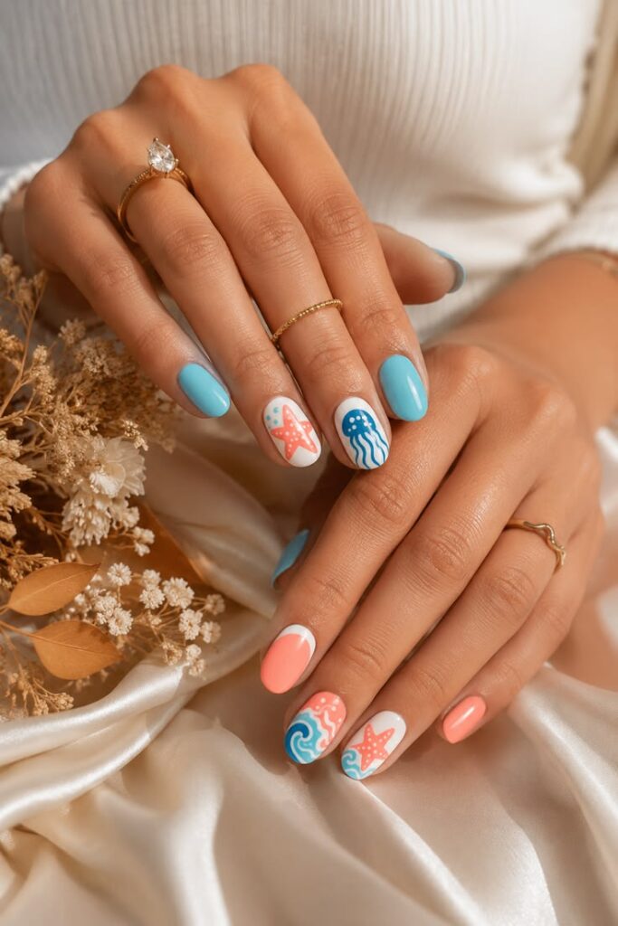 Ocean-Themed Nail Art With Starfish and Waves
