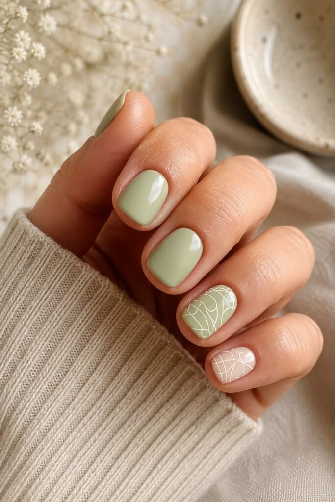 Sage Green Botanical Gel Nails