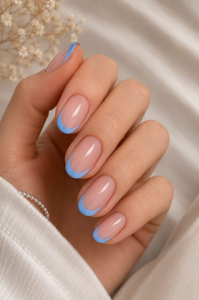 Baby Blue French Tip Almond Nails