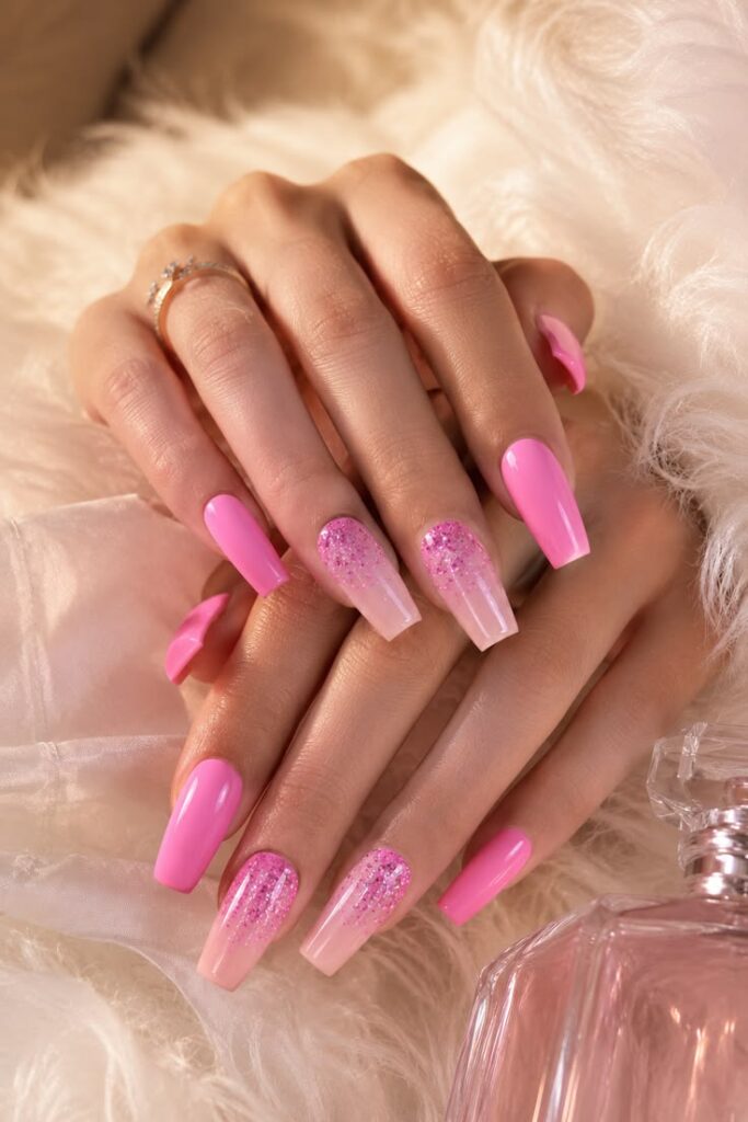 Barbie Pink Coffin Nails With Glitter Ombré That Own the Room
