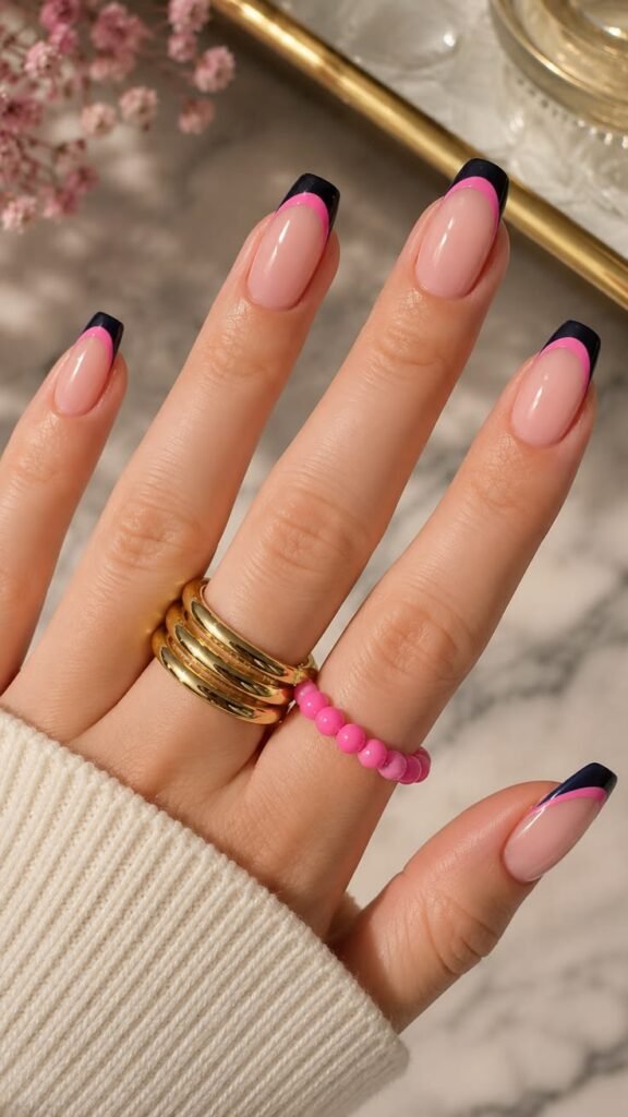 Black and Hot Pink Double French Tip Nails