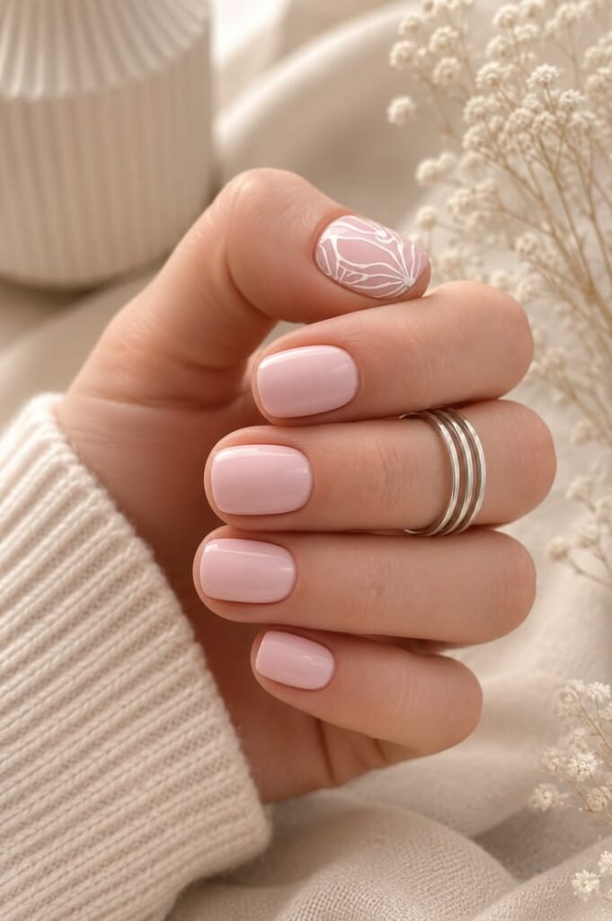 Blush Pink Gel Nails with Botanical Line Art