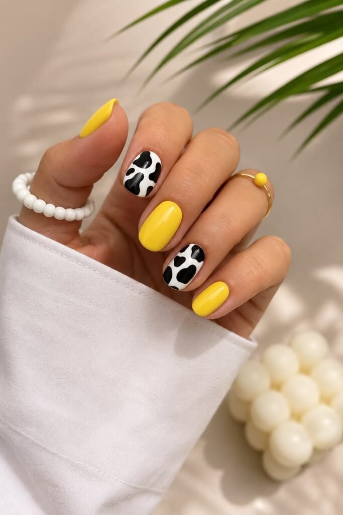 Bright Yellow Cow Print Accent Nails