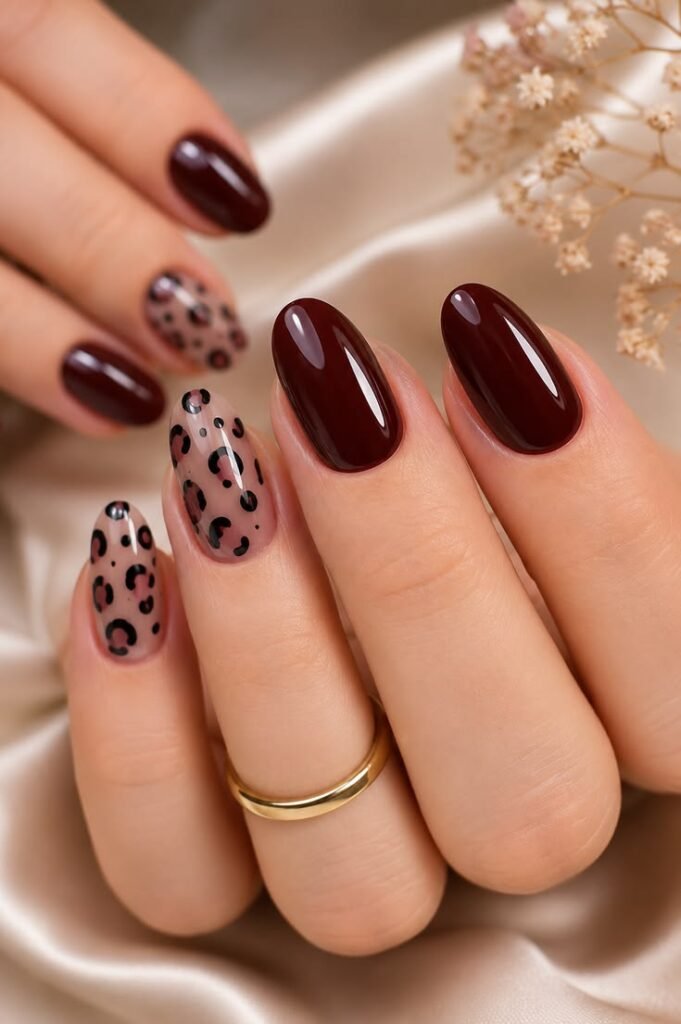Burgundy Leopard Accent Nails