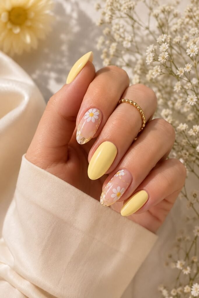 Butter Yellow Daisy Nails with Gold Foil Accents