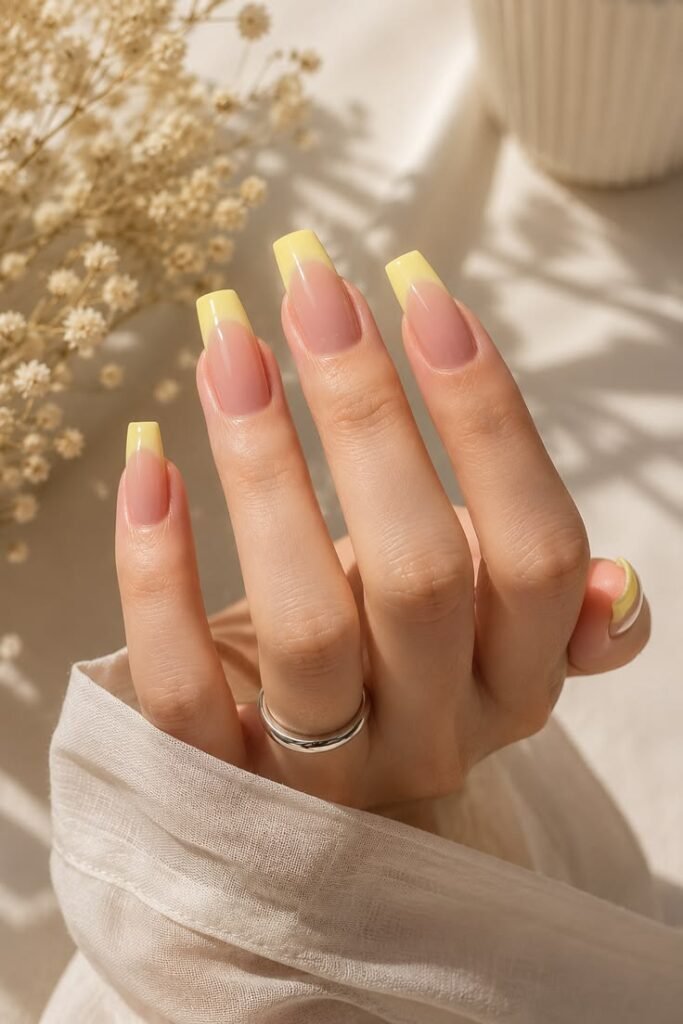 Butter Yellow French Ombre Nails With Sunny Summer Charm