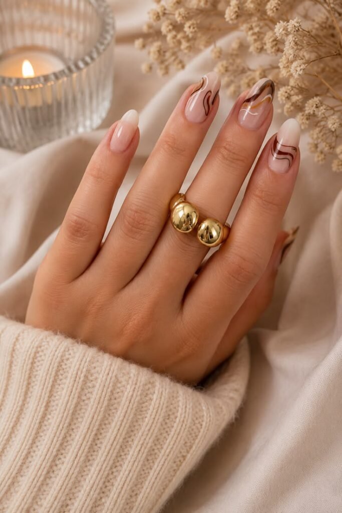 Caramel Swirl Abstract Gel Nails