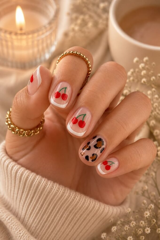 Cherry French Tips with Leopard Accent Nails