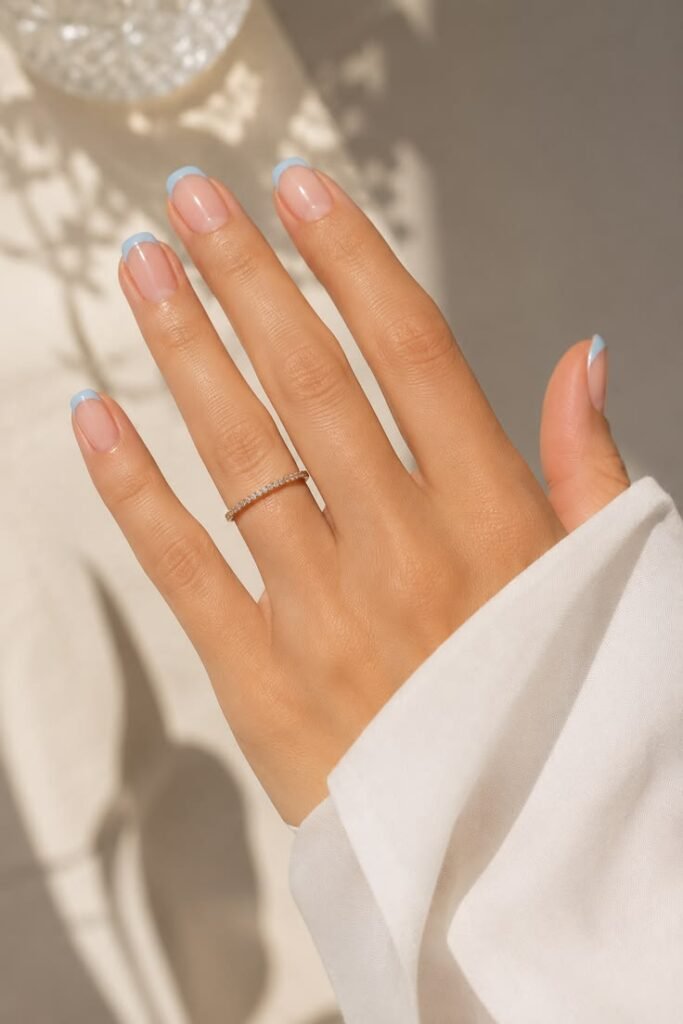 Classic Blue French Tip Nails With Short Square Shape
