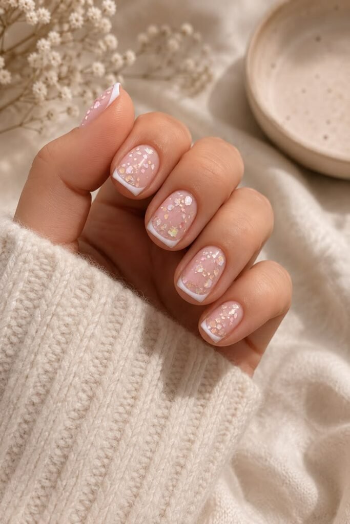 Classic French Nails with Iridescent Shimmer Flakes