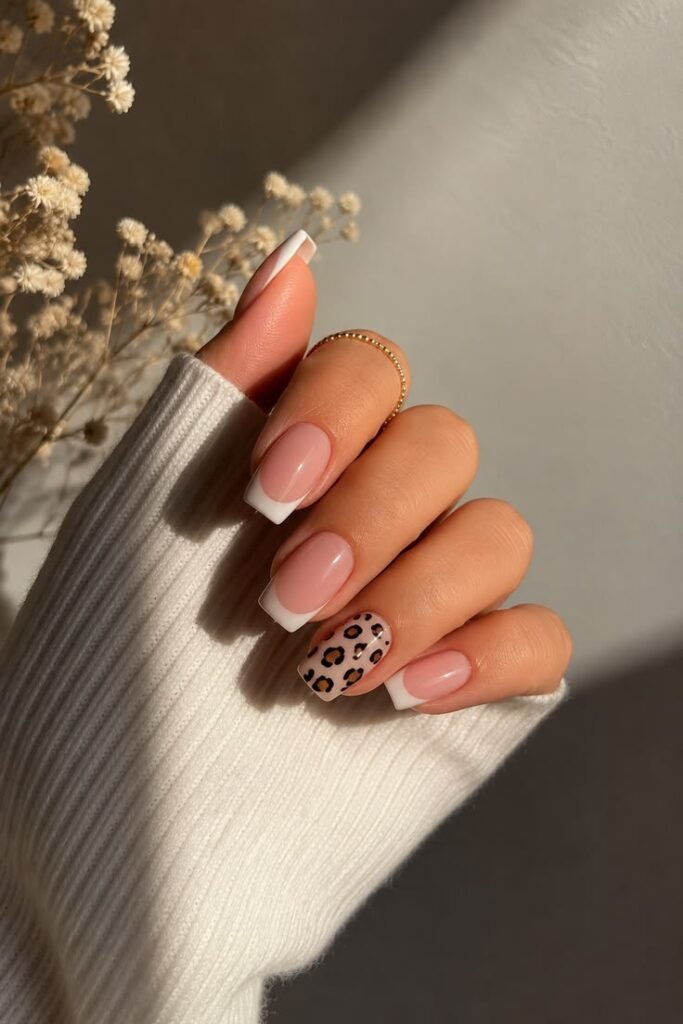 Classic French Tips with Leopard Accent