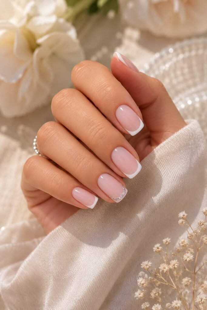 Classic White French Tips with a Touch of Sparkle
