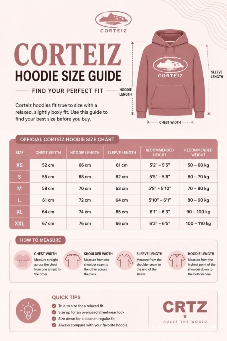Corteiz Hoodie Size Guide infographic featuring official size chart, hoodie measurements, fit recommendations, and sizing tips for choosing the perfect Corteiz hoodie.