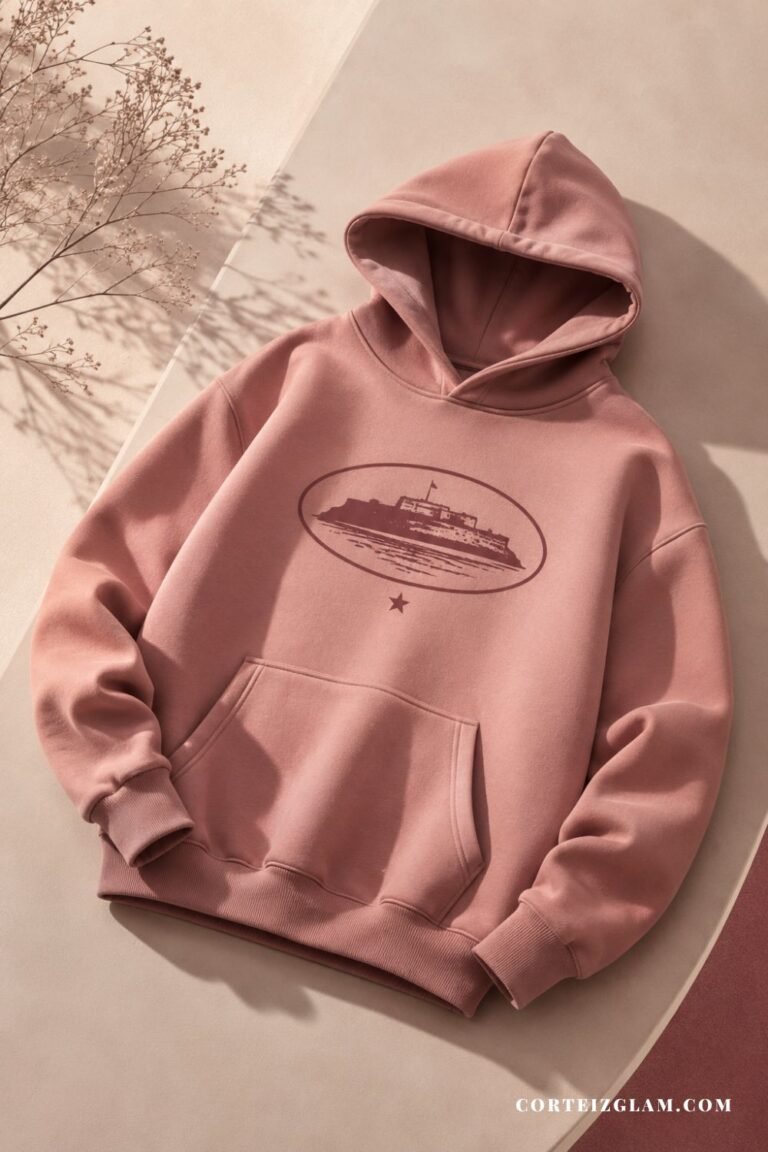 Corteiz hoodie review featuring a premium dusty rose heavyweight cotton hoodie with minimalist streetwear design and soft aesthetic background