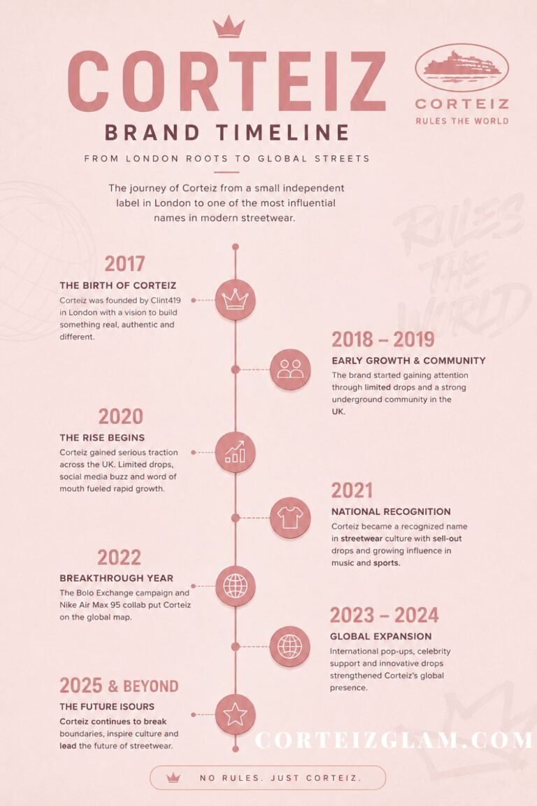 Corteiz Brand Timeline infographic showing the brand's rise from London streetwear to global fashion success with key milestones, Nike collaboration, and exclusive product drops.