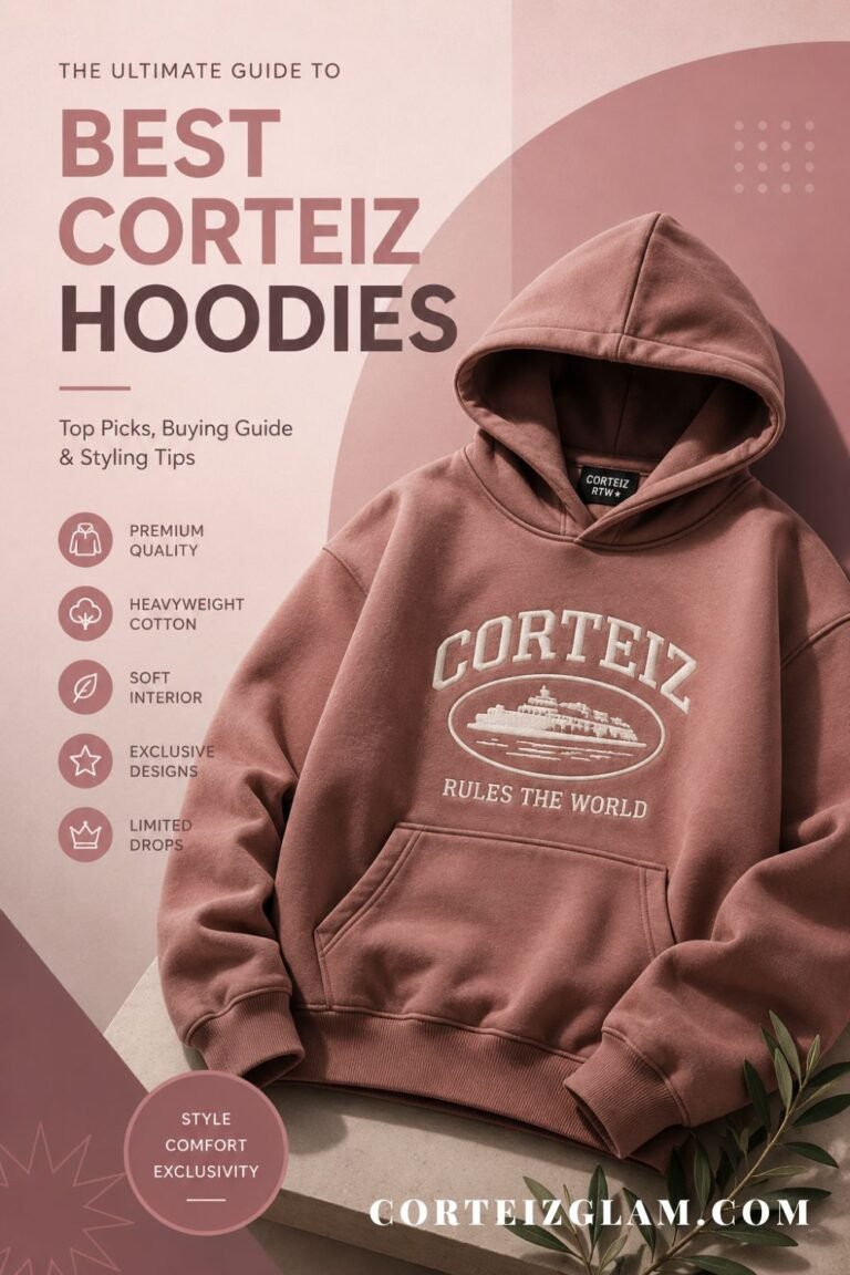 Best Corteiz hoodies featured in a minimal aesthetic editorial design with a premium oversized streetwear hoodie in soft pink tones.
