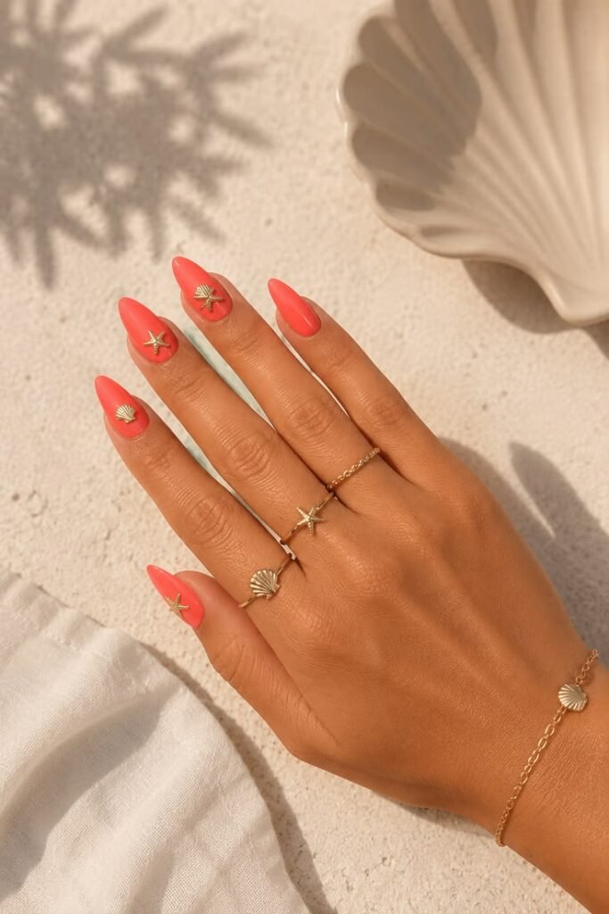 Coral Beach Nails With Gold Seashell Charms
