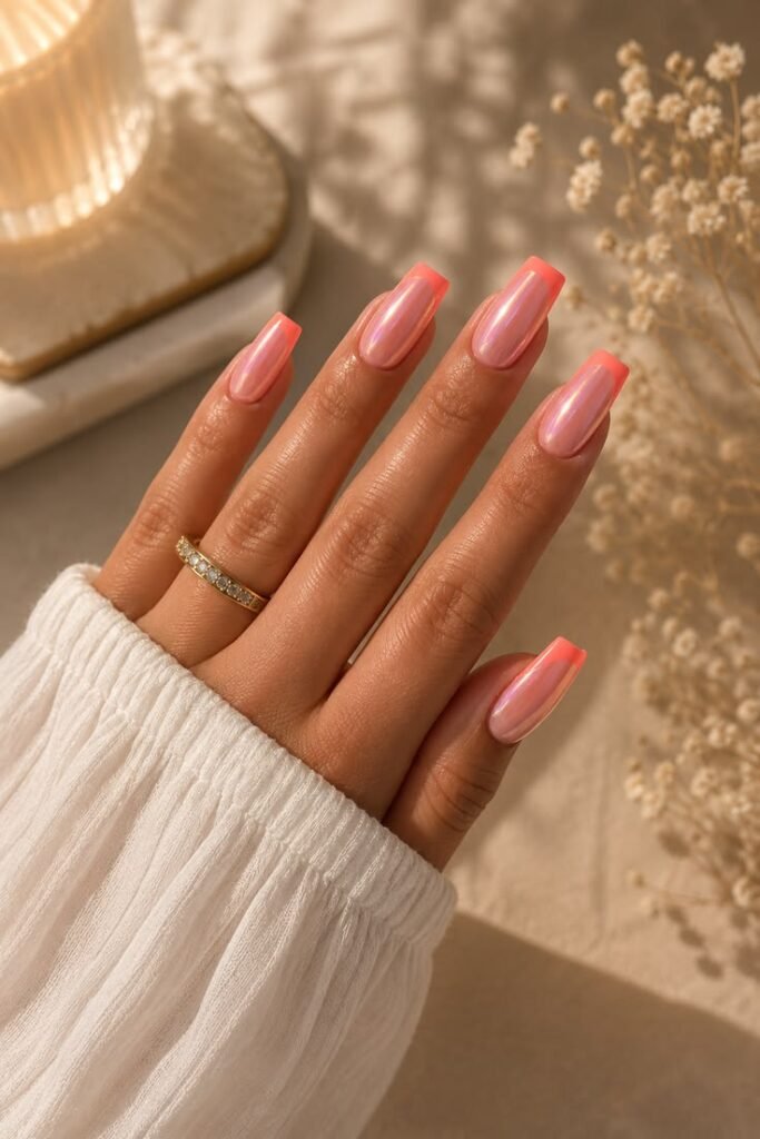 Coral Chrome French Tips for a Luxurious Summer Glow
