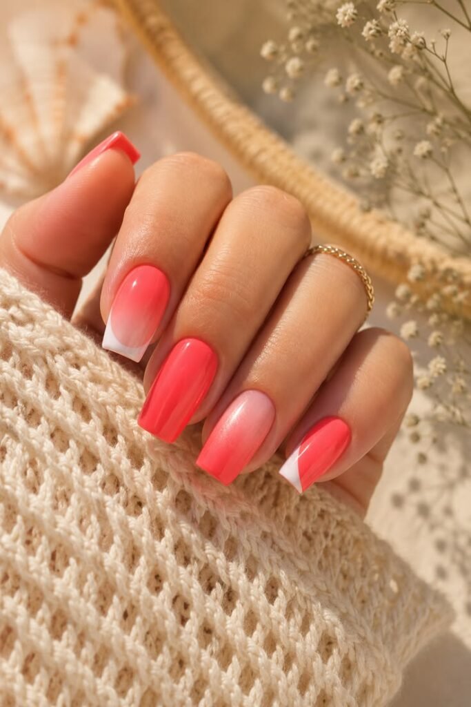 Coral Ombre French Nails with Classic White Tips