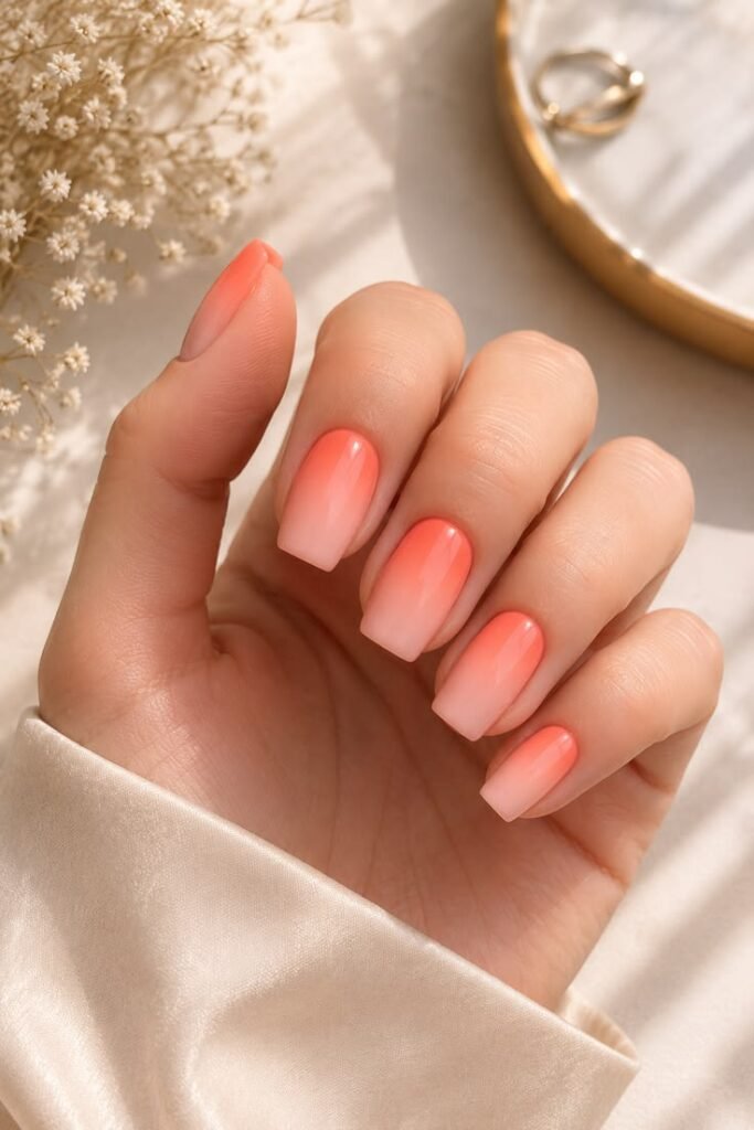 Coral Peach Ombre Nails With a Warm Summer Glow
