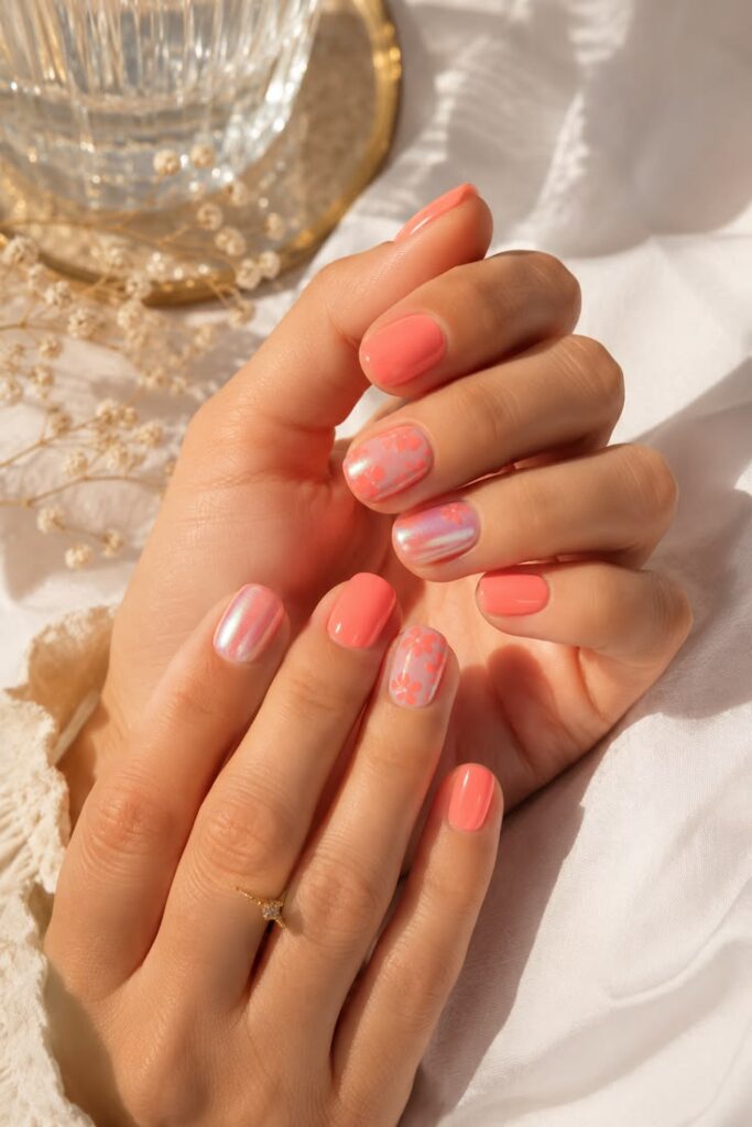 Coral Peach With Holographic Accent and Flower Details