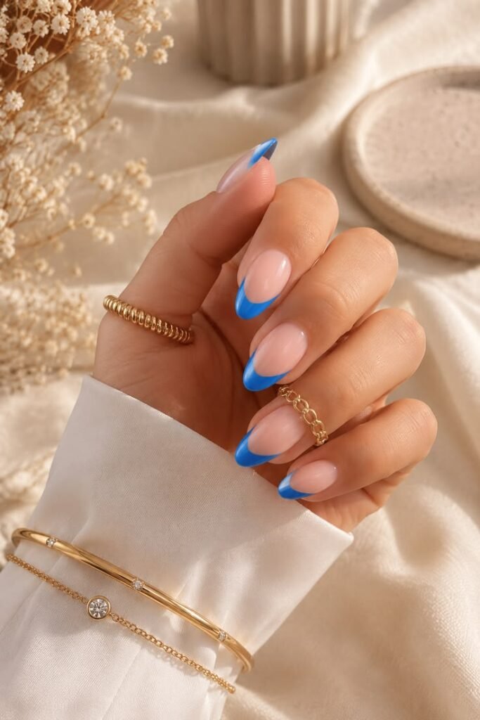 Cornflower Blue French Tips for an Elegant Summer Style