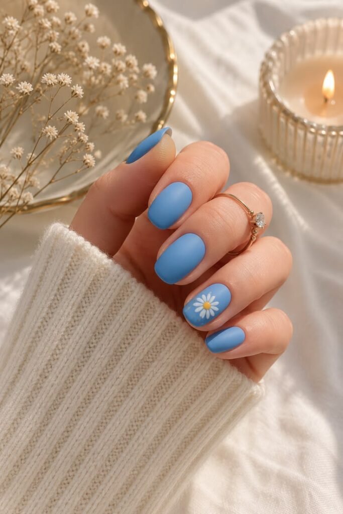 Cornflower Blue Matte Nails With a Single Daisy Accent