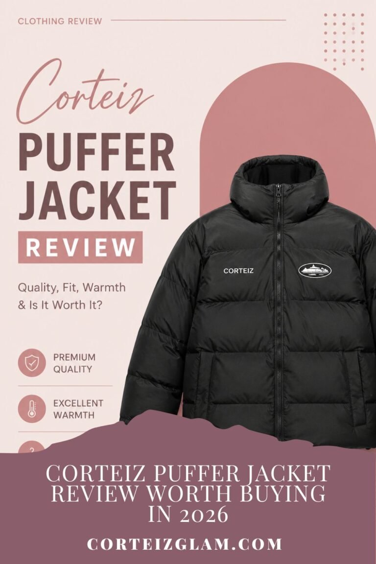 Black Corteiz Puffer Jacket featured in a minimalist streetwear review design with premium winter fashion aesthetic.