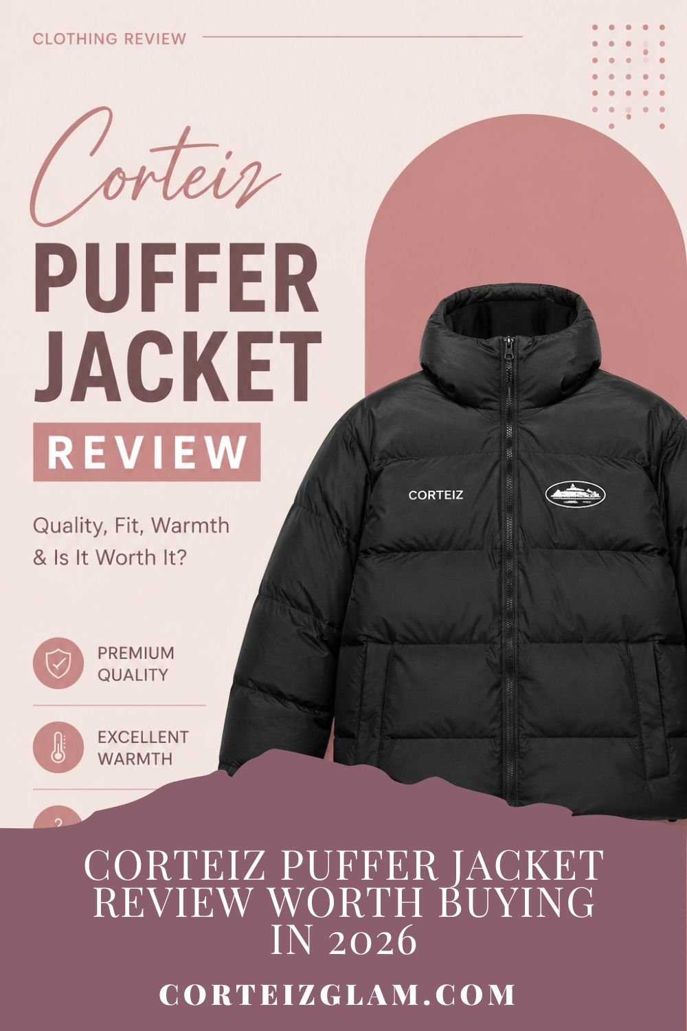 Black Corteiz Puffer Jacket featured in a minimalist streetwear review design with premium winter fashion aesthetic.