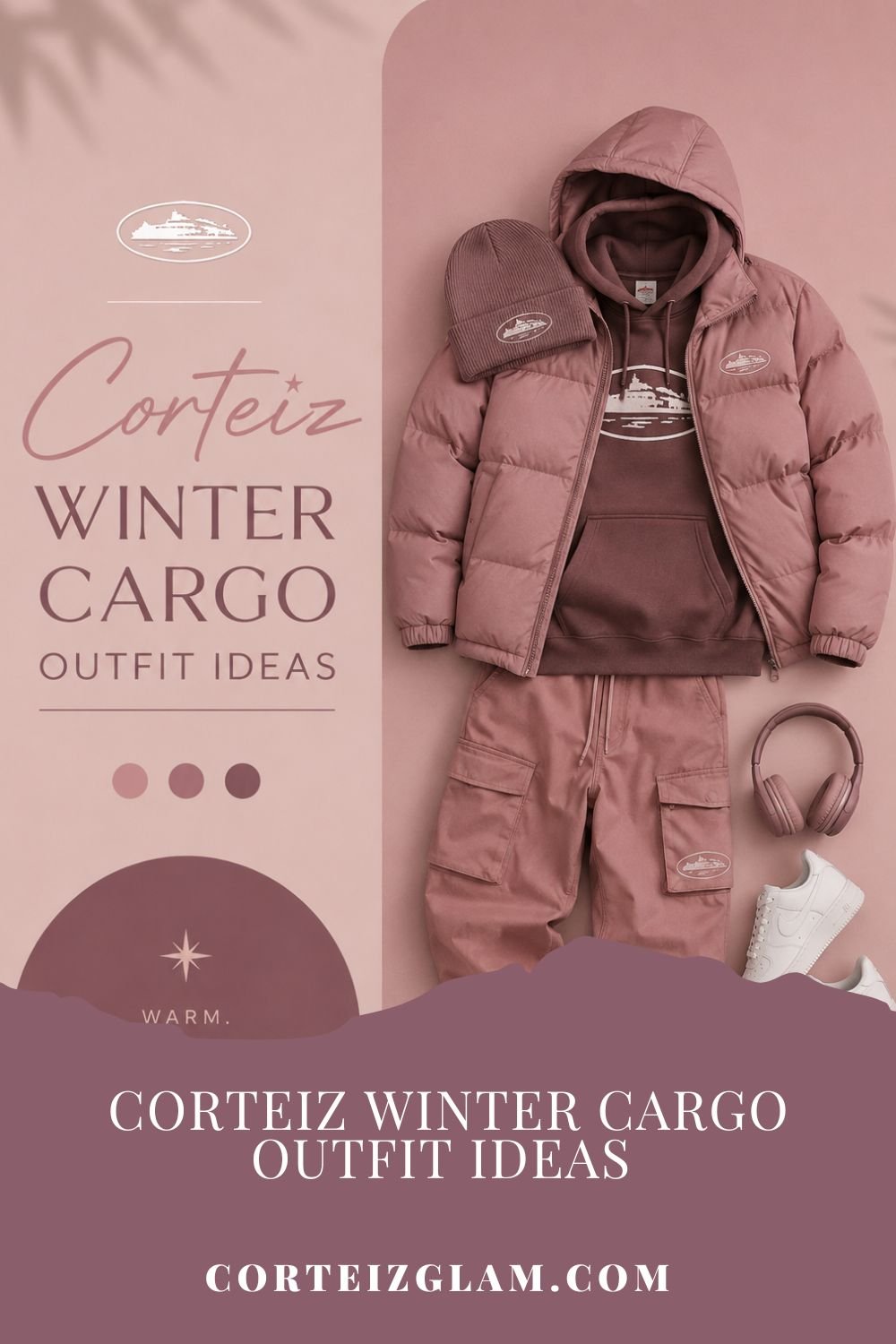 Corteiz Winter Cargo Outfit Ideas in Soft Mauve Aesthetic Style.