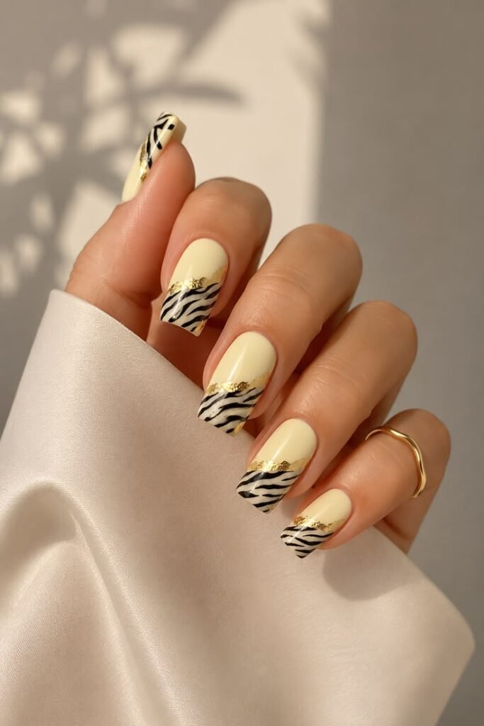 Cream Yellow Zebra Wave Nails with Gold Leaf Accents