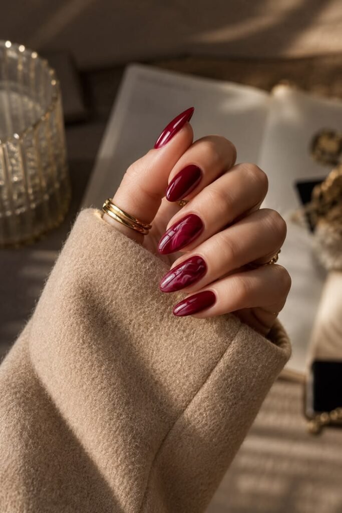 Deep Ruby Chrome Coffin Nails With Mirror Finish
