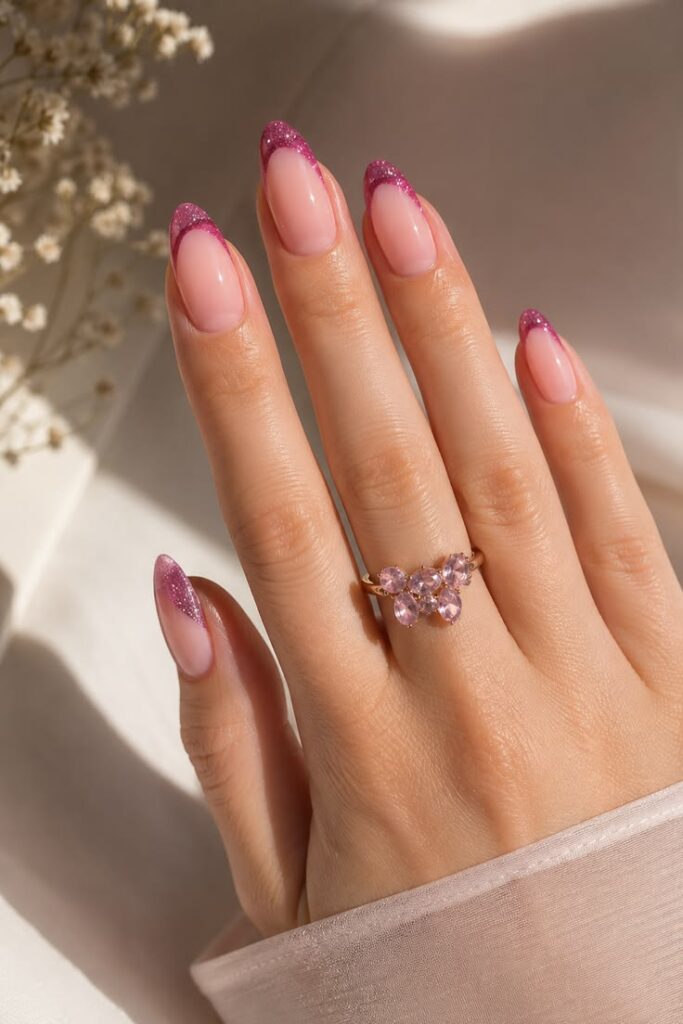 Glitter Pink French Tips With That Effortless Party Energy