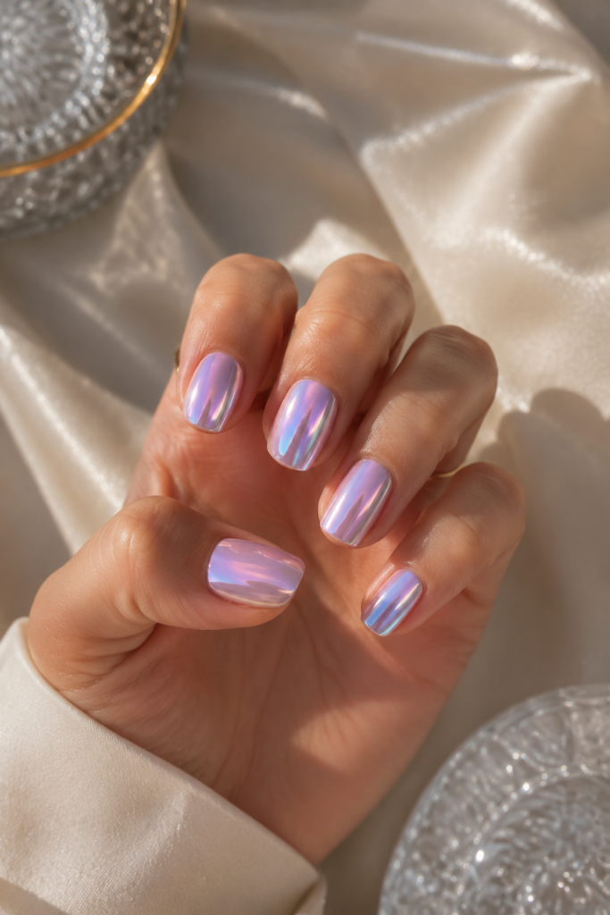 Holographic Chrome Ombre Nails With Iridescent Magic