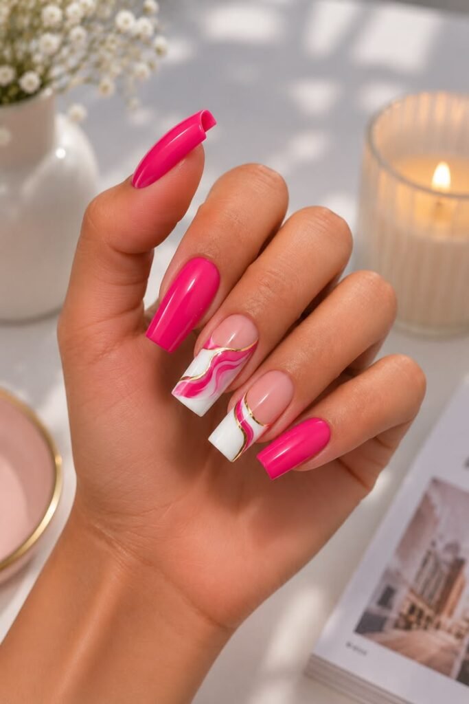 Hot Pink Coffin Nails With Swirl French Tips