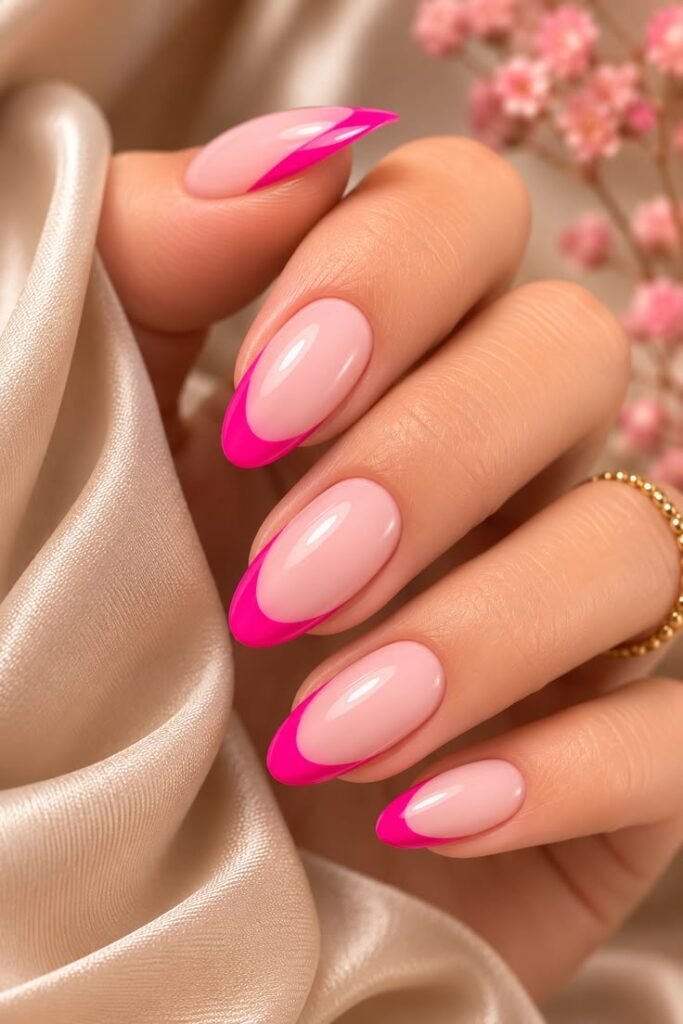 Hot Pink French Tip Almond Nails