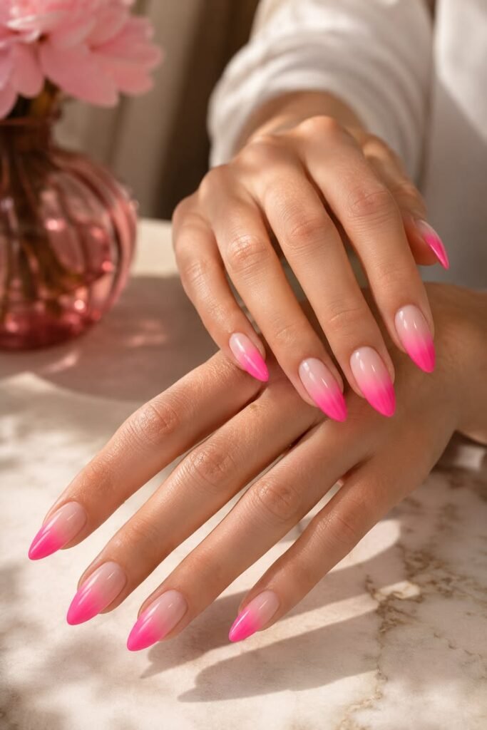 Hot Pink Gradient Almond Nails for Poolside Summer Vibes