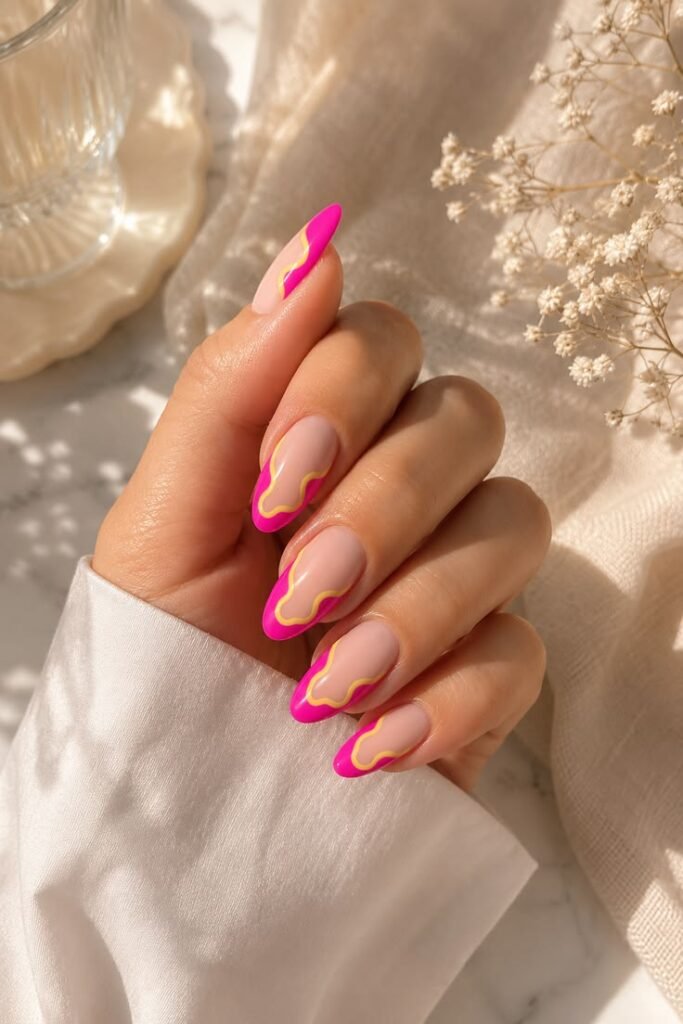 Hot Pink Wavy French Tips with Neon Yellow Accents