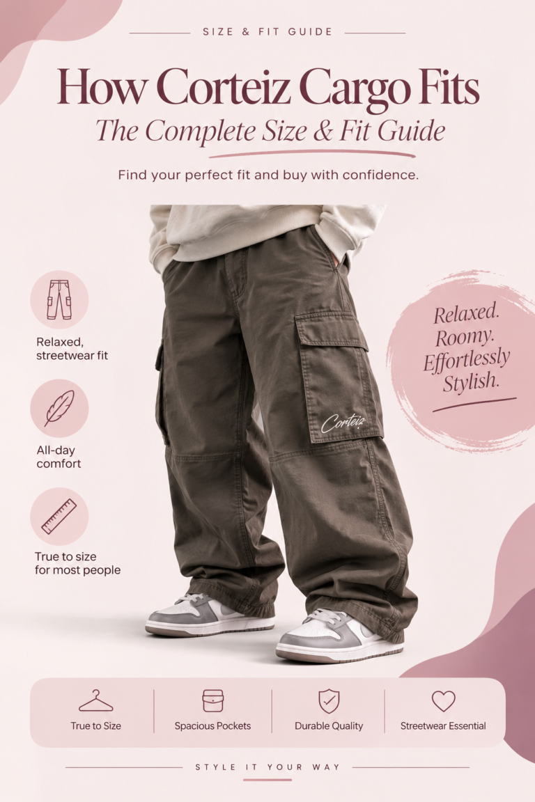 How Corteiz cargo pants fit with a relaxed streetwear silhouette and size guide illustration.