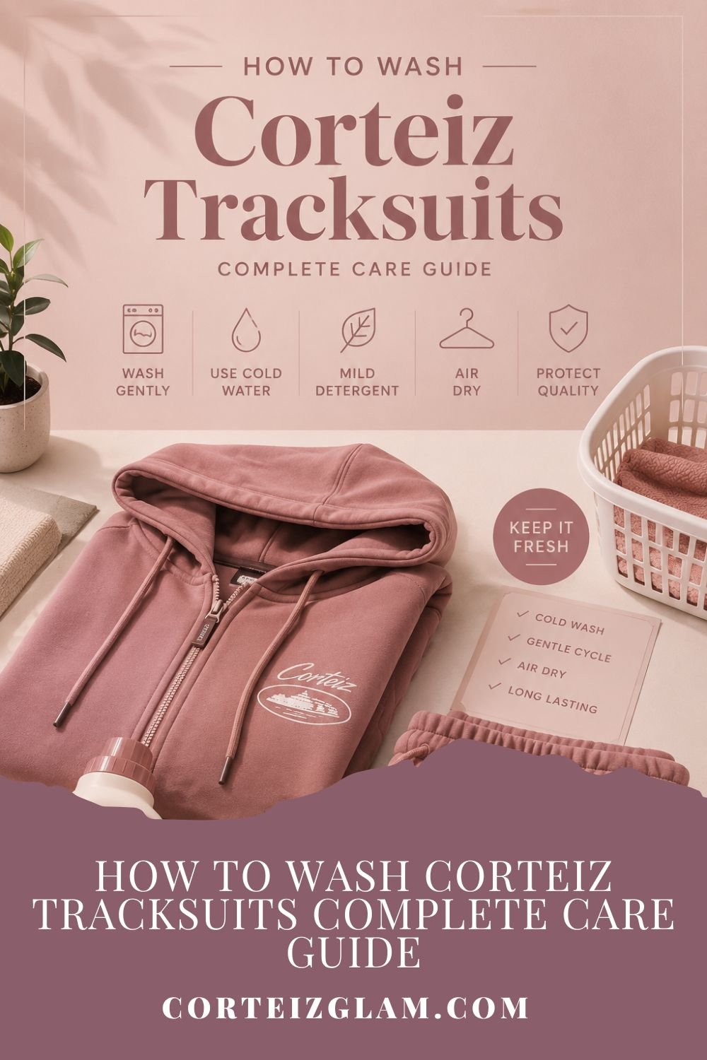 Minimal aesthetic Corteiz tracksuit care guide featuring premium streetwear, gentle detergent, laundry essentials, and soft pink editorial styling for proper washing and maintenance.