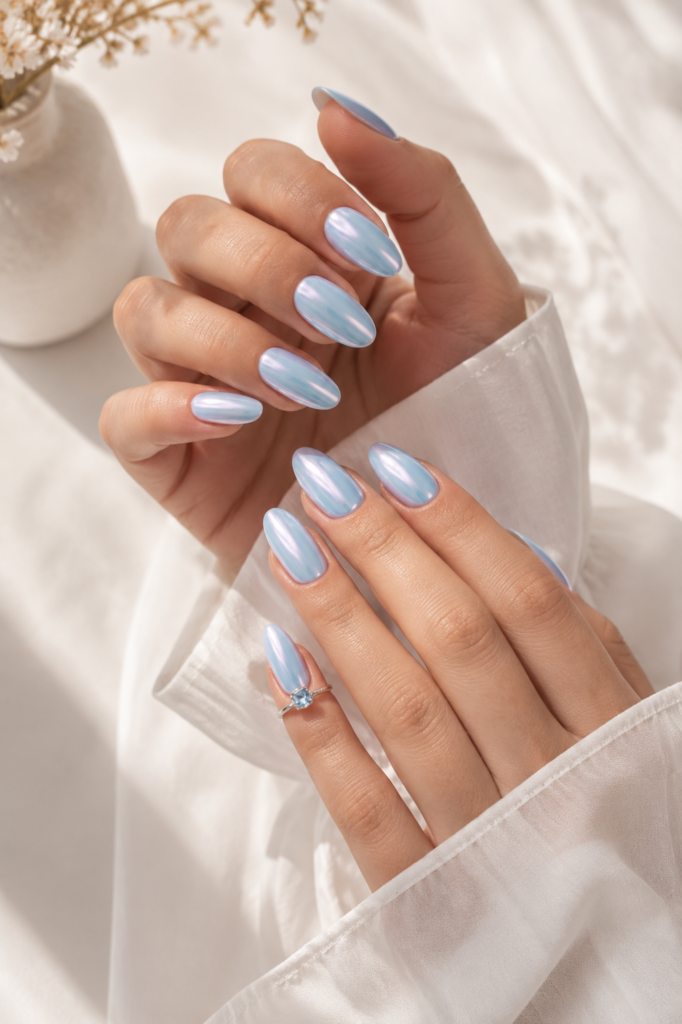 Icy Blue Pearl Almond Nails With Glazed Finish
