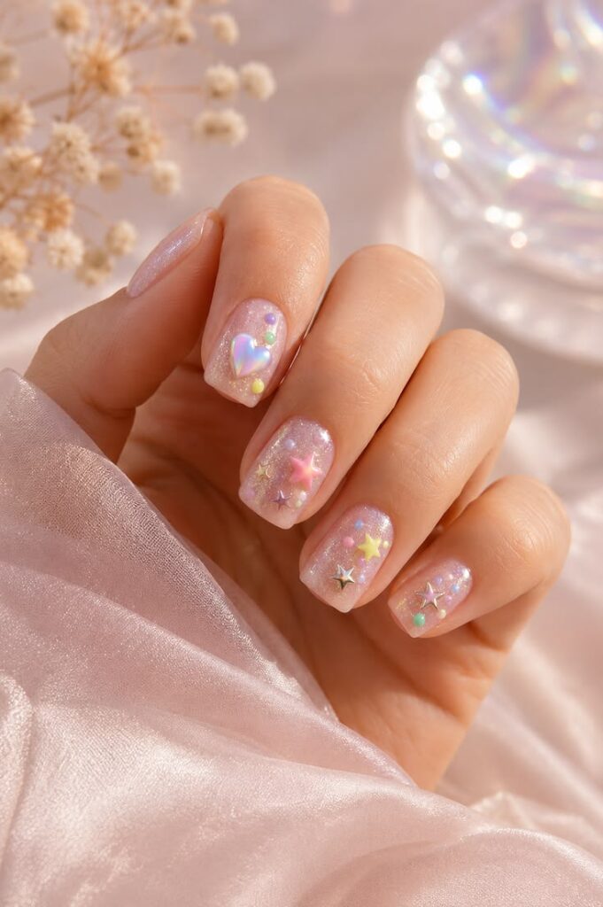 Kawaii Star and Heart Charms on Glitter Pink for Playful July Sparkle