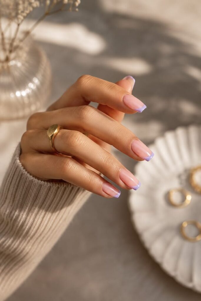 Lavender French Tip Nails With Clean Square Shape
