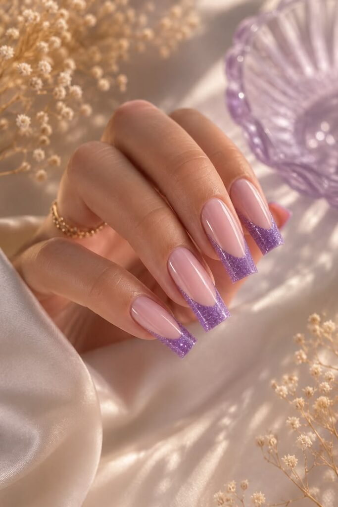 Lavender Glitter V-French Tips for an Elegant Summer Manicure
