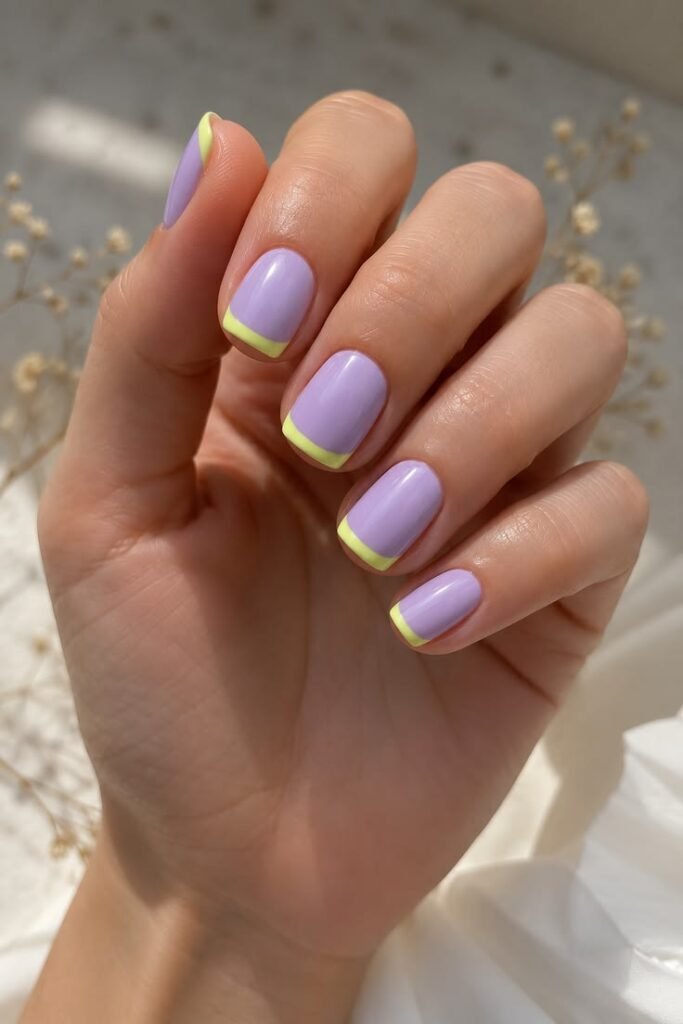 Lavender and Yellow French Tip Nails