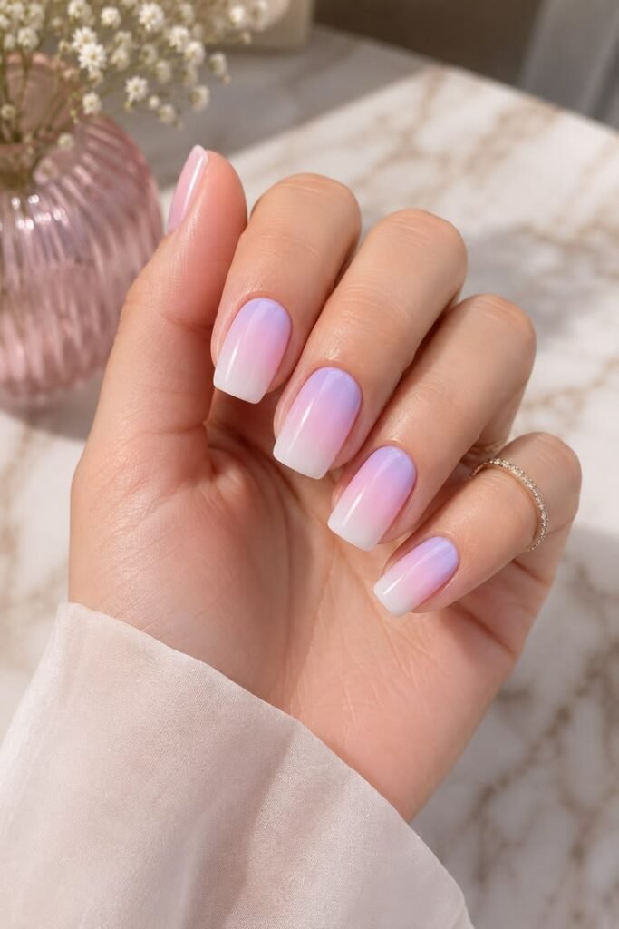 Lavender to Pink Ombre Nails With a Dreamy Lilac Glow