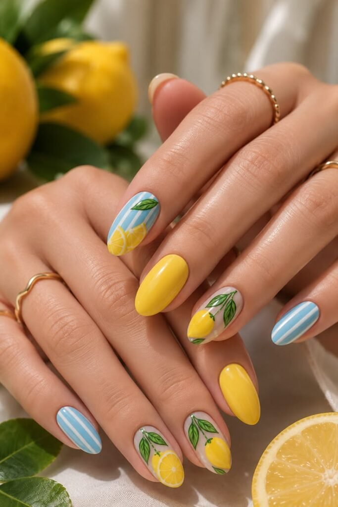 Lemon Print Yellow Nails with Blue Coastal Accents